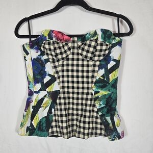 RACHEL Rachel Roy Black Gingham & Multicolor Floral Strapless Bustier Top